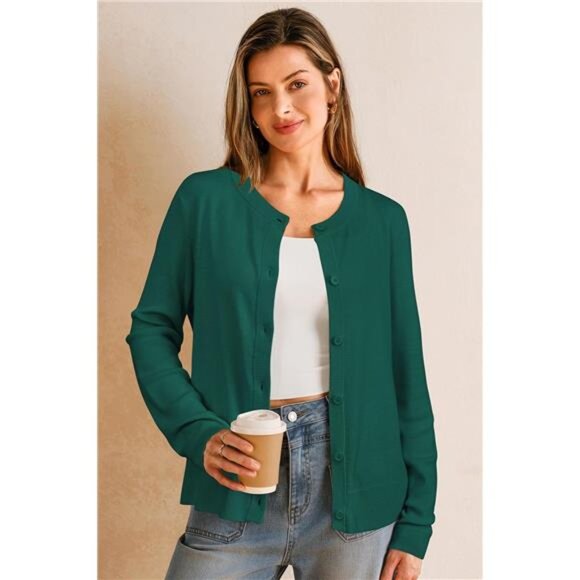Women's Wool Blended Cardigan Sweaters Lightweight Green - Picture 2 of 6